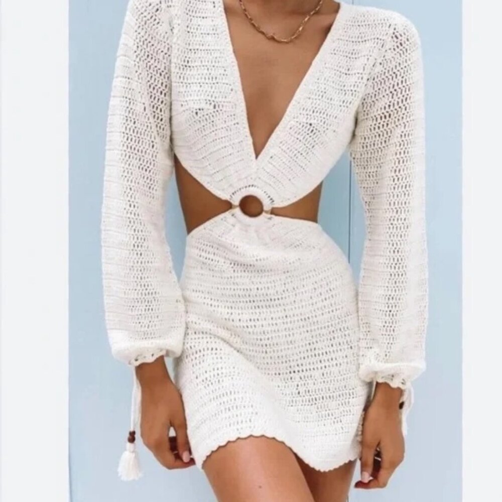 Beginning Boutique Cleo Crochet Mini Dress in White - Size 12